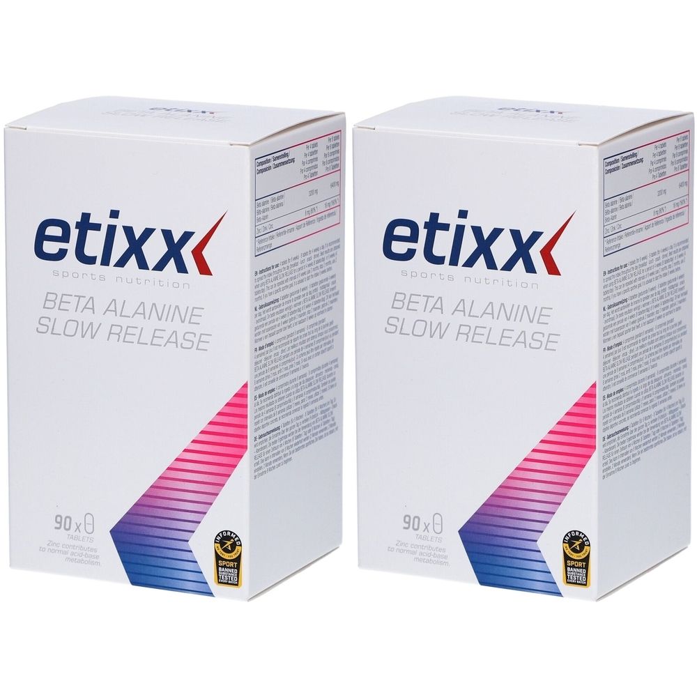 Twee witte dozen met "etixx Beta Alanine Slow Release". Opschriften: 90x0 tabletten en een kwaliteitslabel.