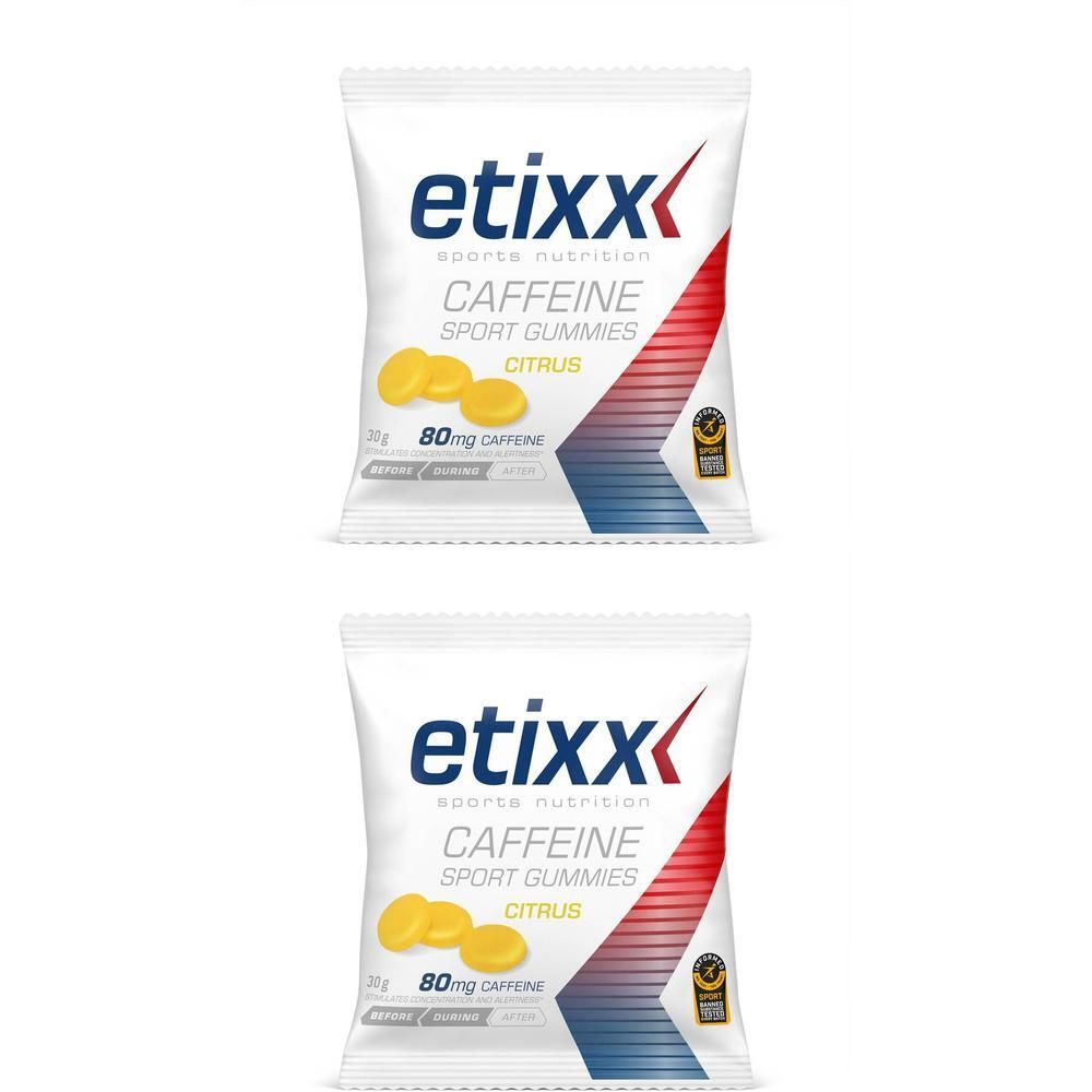 Twee zakjes Etixx Caffeine Sport Gummies. Wit zakje met productnaam, afbeelding van gele gummies en 80mg cafeïne-aanduiding.