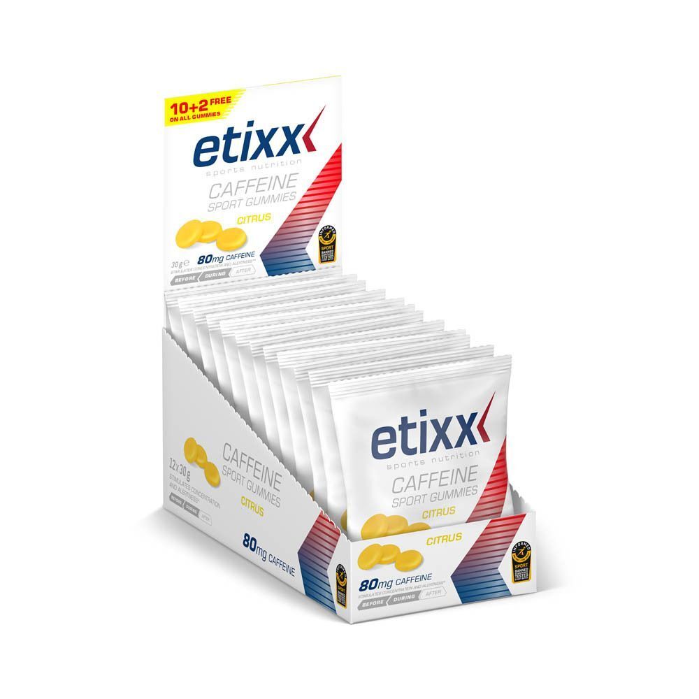 Etixx Caffeine Sport Gummies in een displaydoos. Witte doos met productnaam en afbeelding van gummies. Opdruk 10+2 gratis.