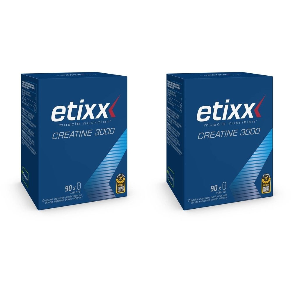 Deux boîtes bleues "etixx Creatine 3000". Inscriptions: "muscle nutrition", "90x0". Sceau doré.