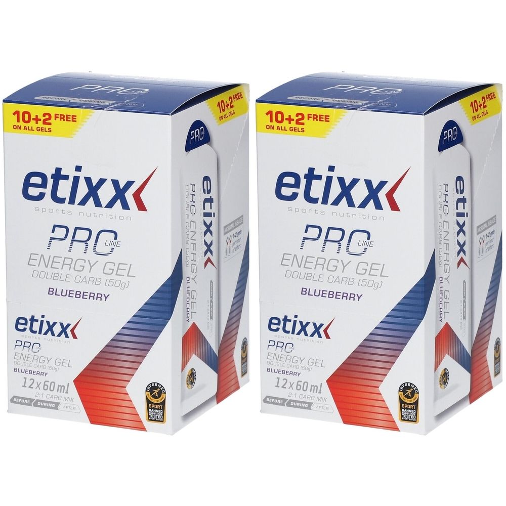 Deux boîtes de gel énergétique etixx PRO LINE. Accents bleus et rouges. Inscription : 10+2 gratuit.