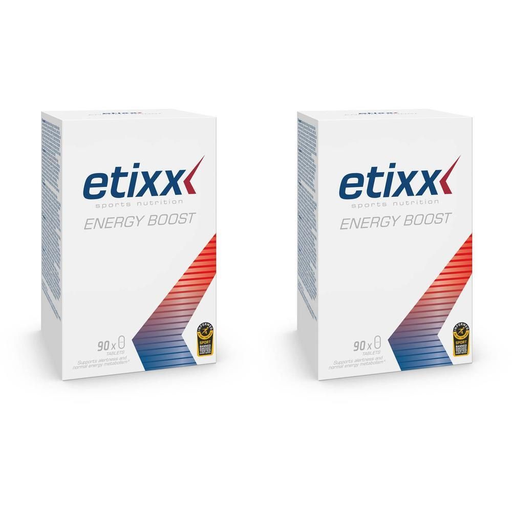 Twee witte dozen met Etixx Energy Boost-logo. Opschrift: 90x. Met kwaliteitslabel.