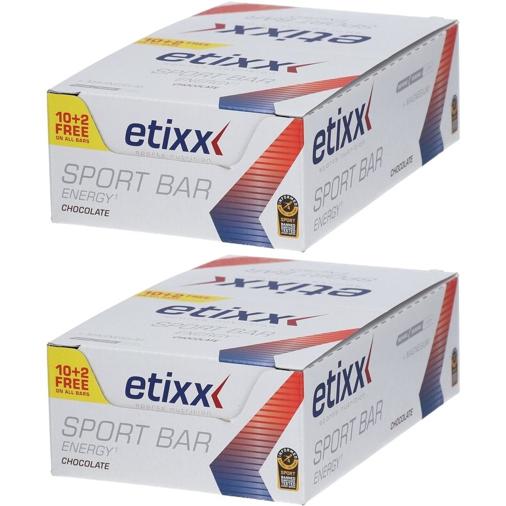 Deux boîtes de barres énergétiques. Inscription: etixx Sport Bar, Energy, Chocolat. Avec magnésium. 10+2 gratuits.