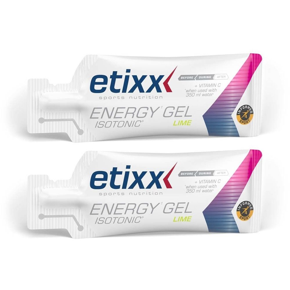 Twee witte zakjes Energy Gel. Opschrift: etixx, Energy Gel Isotonic, Lime. Bevat vitamine C. Blauw en roze design.