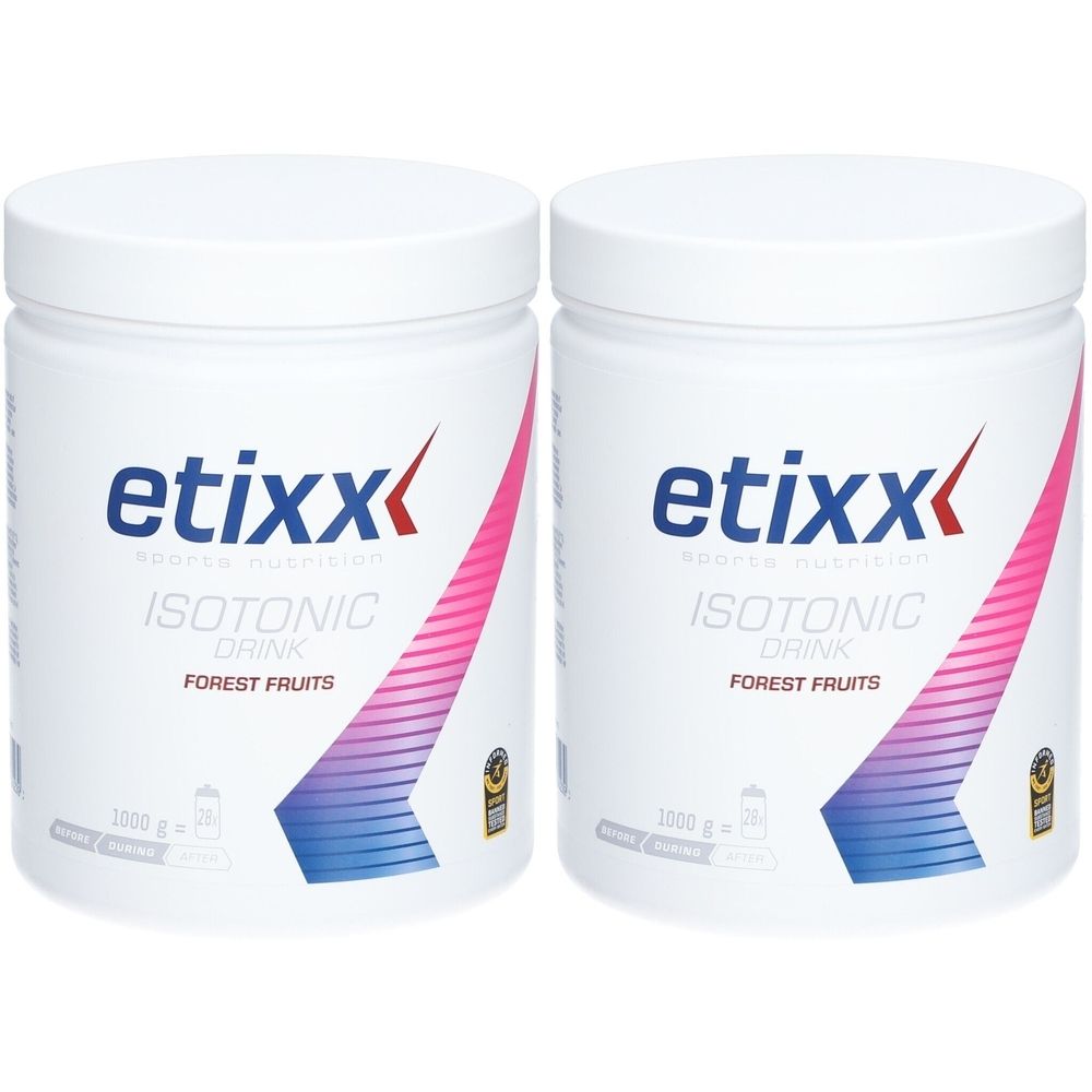 Twee witte potten met deksels. Opschrift: etixx ISOTONIC DRINK Forest Fruits. Roze-blauwe grafiek. 1000g.