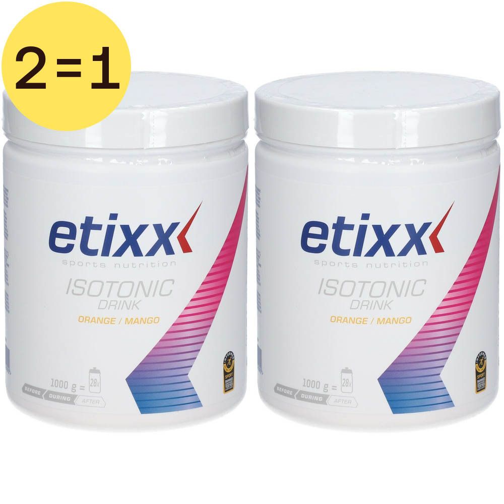 Deux boîtes blanches Etixx Isotonic Drink Orange/Mangue. Cercle jaune avec "1+1".