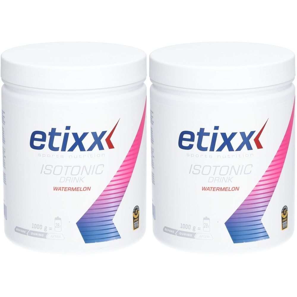 Twee witte potten met deksels. Opschrift: etixx ISOTONIC DRINK Watermelon. Roze-blauwe grafiek. 1000 g.
