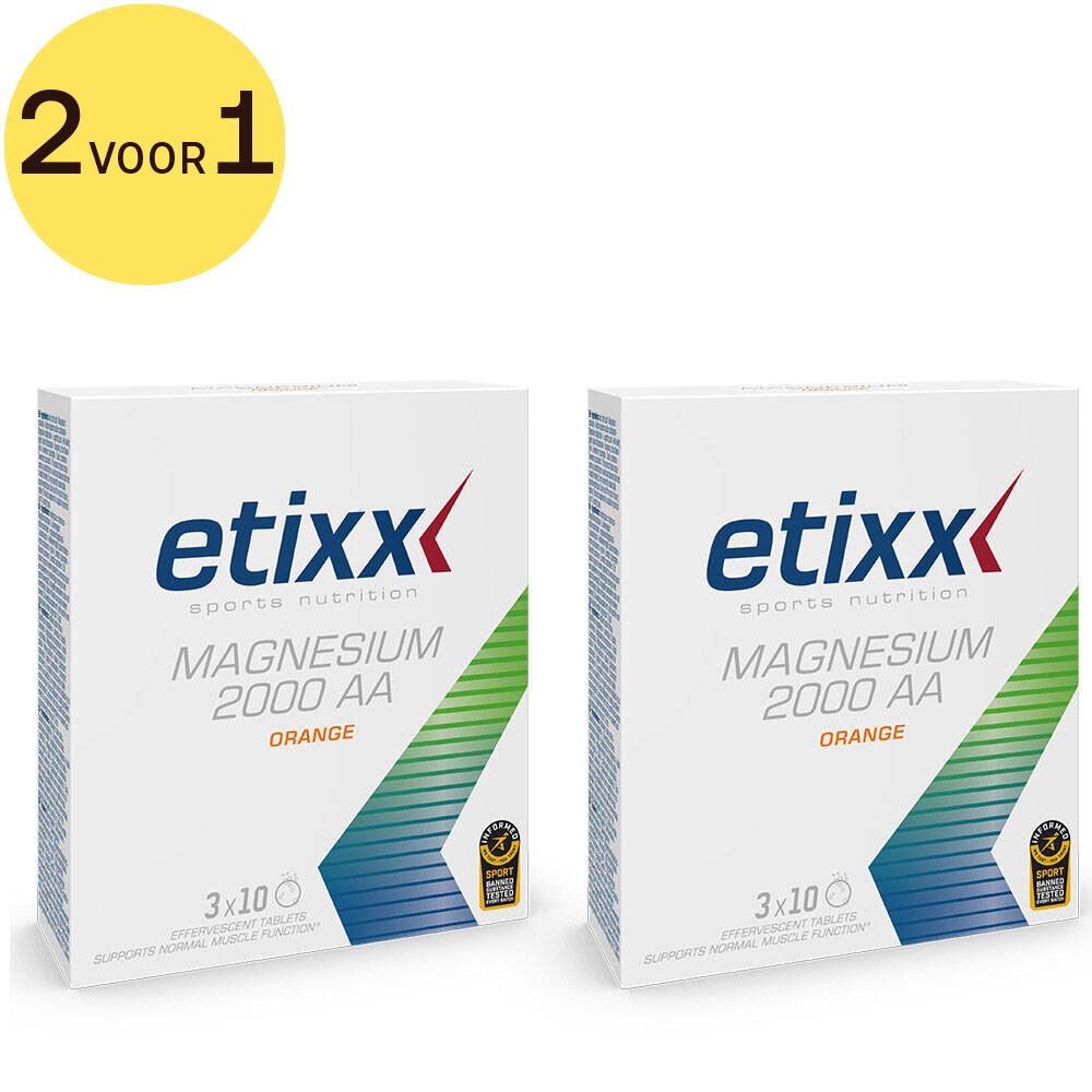 Twee witte dozen Etixx Magnesium 2000 AA. Oranje tekst, 3x10 tabletten. Gele cirkel met "2 voor 1".