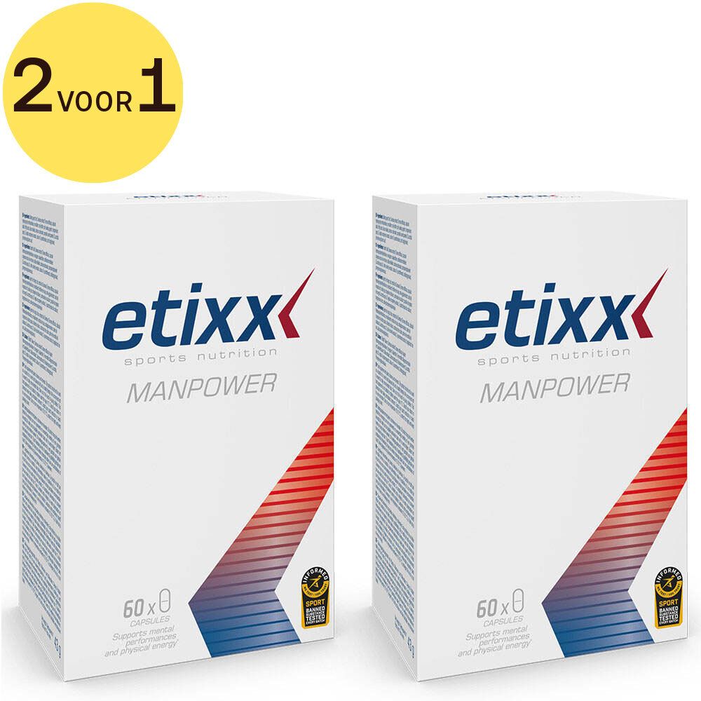 Twee Etixx Manpower dozen met gele cirkel '2 voor 1'. Blauwe en rode designelementen. Tekst: Etixx, Manpower, 60x0.