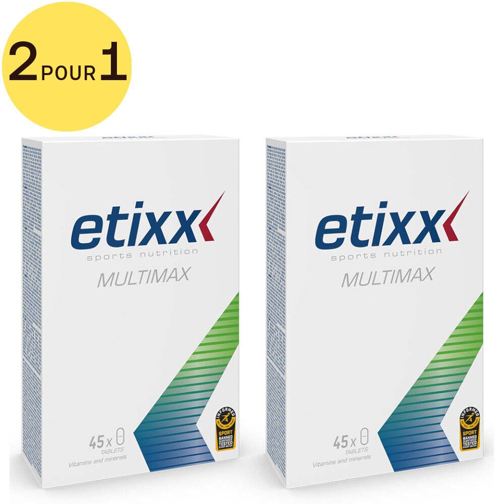 Deux boîtes blanches Etixx Multimax. Inscription : Sports Nutrition. 45 gélules. Cercle jaune avec "2 pour 1".