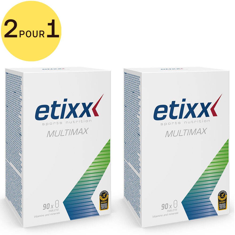 Deux boîtes Etixx Multimax avec cercle jaune '2 pour 1'. Inscription : Etixx Sports Nutrition, Multimax, 90 capsules. Avec logo de certification.
