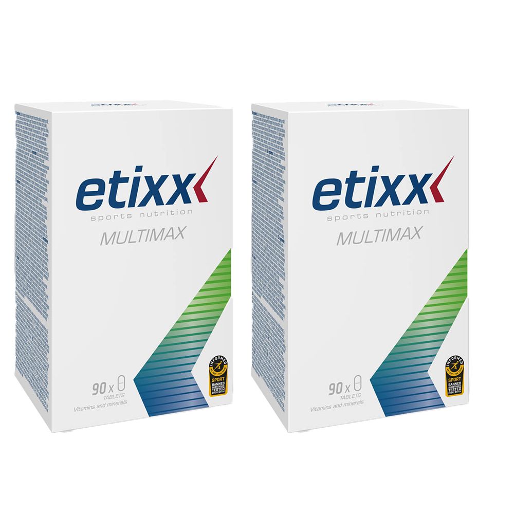 Deux boîtes blanches Etixx Multimax. Inscription : Etixx Sports Nutrition, Multimax, 90 capsules. Avec logo de certification.