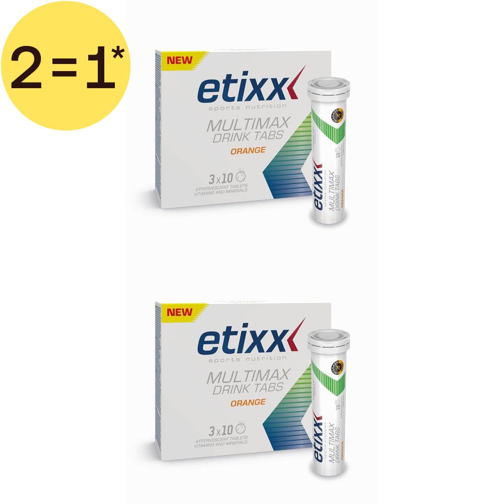 Twee pakken Etixx Multimax Drink Tabs Orange met elk een tube van 10 bruistabletten.