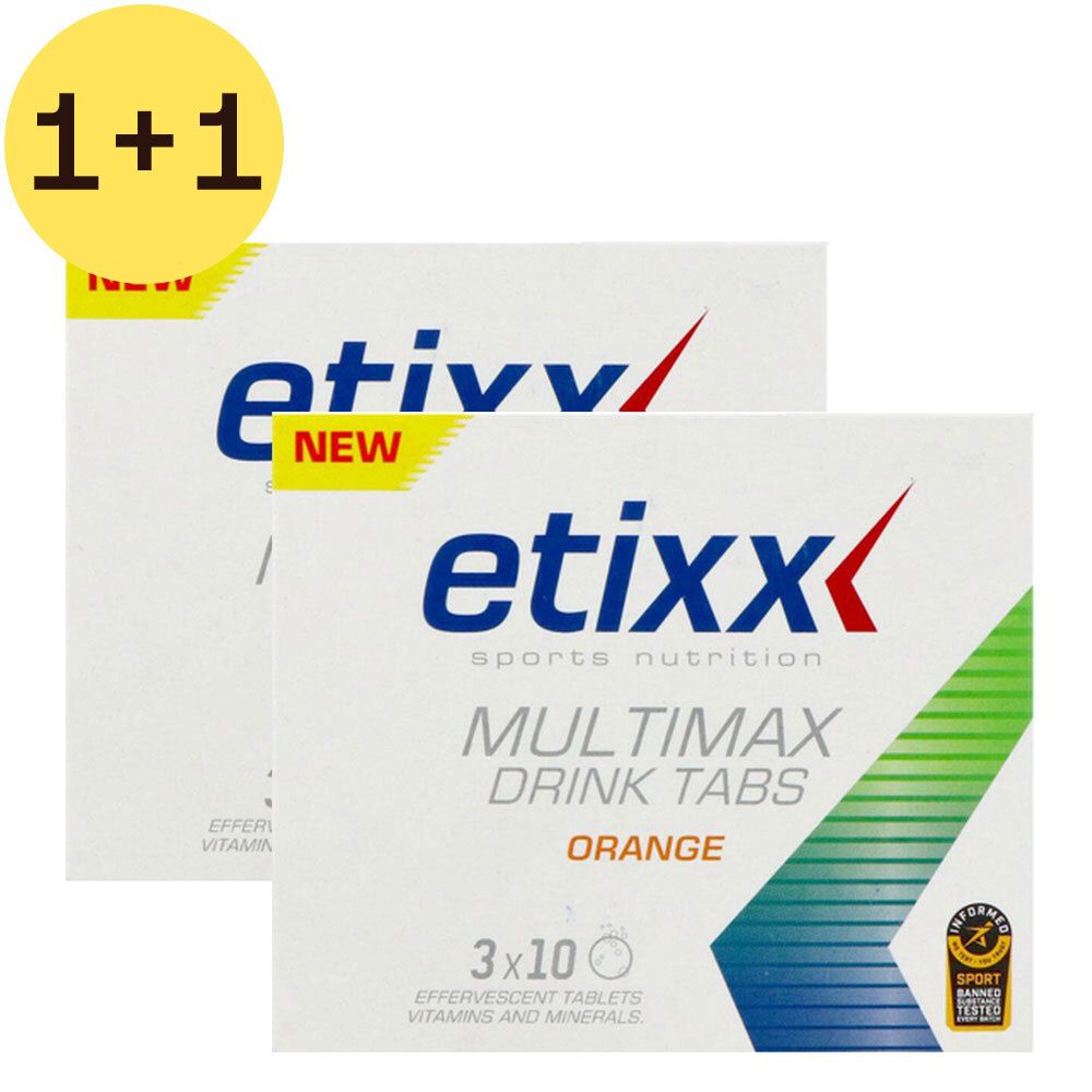 Deux boîtes de Etixx Multimax Drink Tabs Orange. Inscription "1+1 GRATUIT". Nom du produit, "MULTIMAX DRINK TABS ORANGE". 3x10 comprimés effervescents.