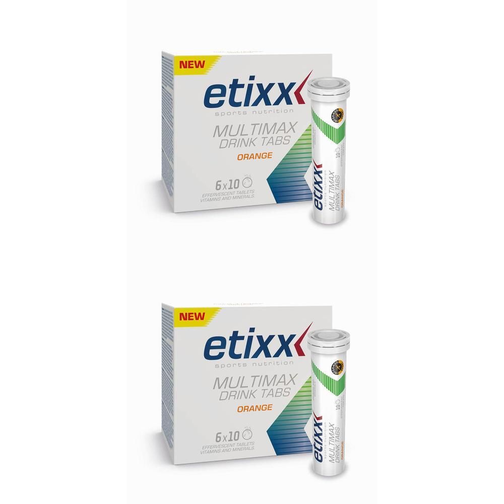 Deux paquets de comprimés effervescents Etixx Multimax Orange, un ouvert.