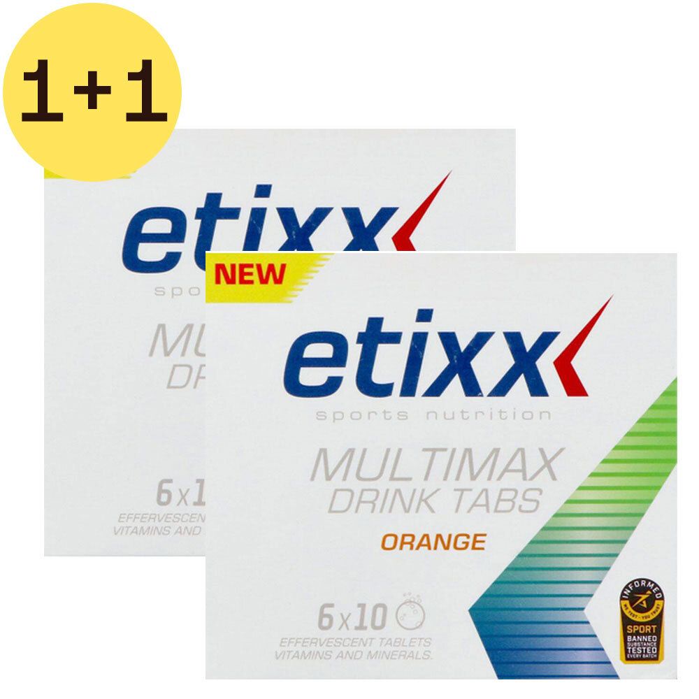 Deux paquets de comprimés effervescents Etixx Multimax Orange, offre 1+1.