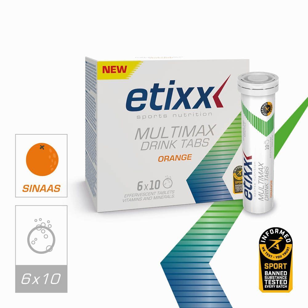 Twee pakken Etixx Multimax Drink Tabs Orange met elk een tube.