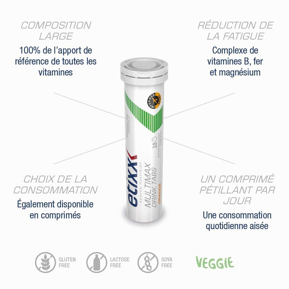 Paquet de comprimés effervescents Etixx Multimax Orange avec tube, orange et bulles.