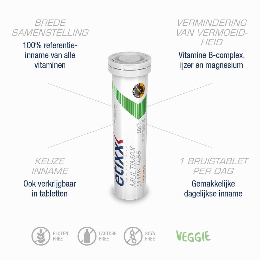 Pak Etixx Multimax Drink Tabs Orange met tube, sinaasappel en bubbels.
