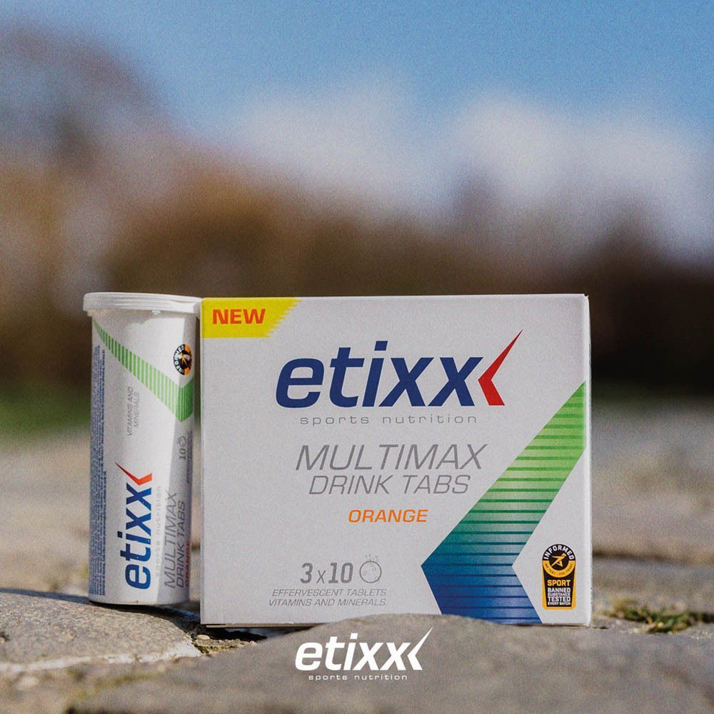 Tube de comprimés effervescents Etixx Multimax Orange avec explications.