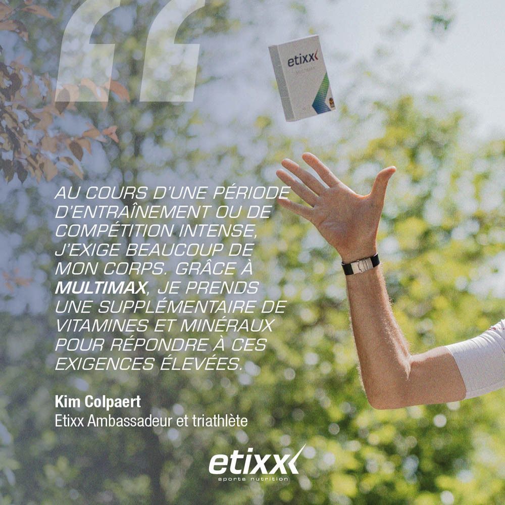 Paquet et tube de comprimés effervescents Etixx Multimax Orange en extérieur.