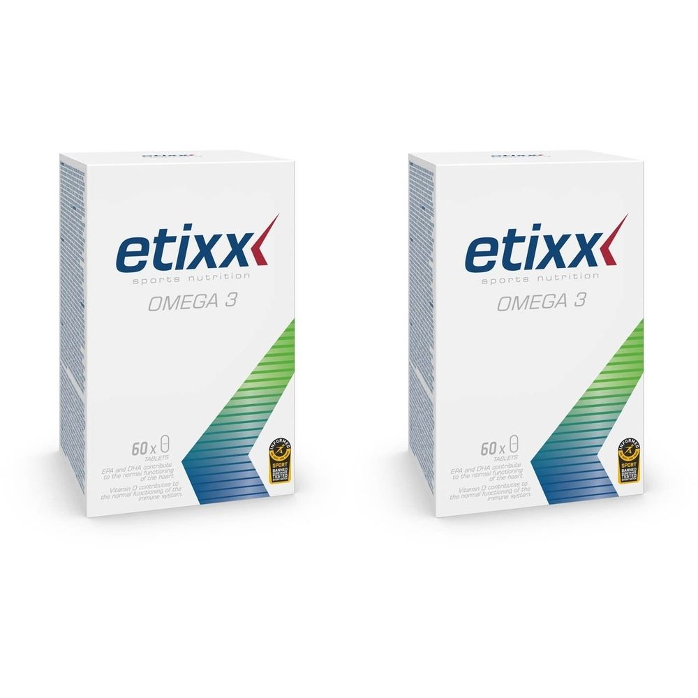 Twee witte dozen met "etixx OMEGA 3". Elke doos toont 60 tabletten. Met groen-blauwe strepen.