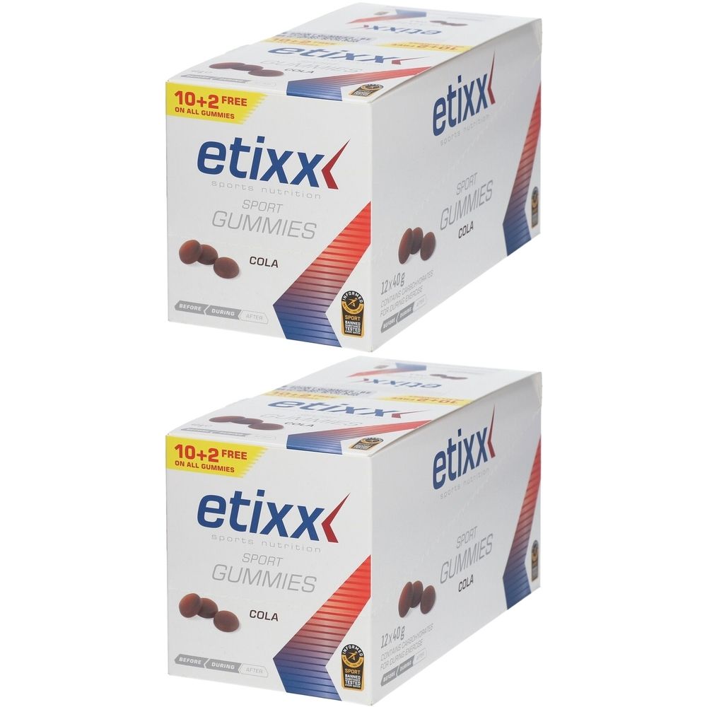 Twee dozen etixx Sport Gummis. Opschrift: Sport Gummis, Cola. Opschrift: 10+2 gratis.