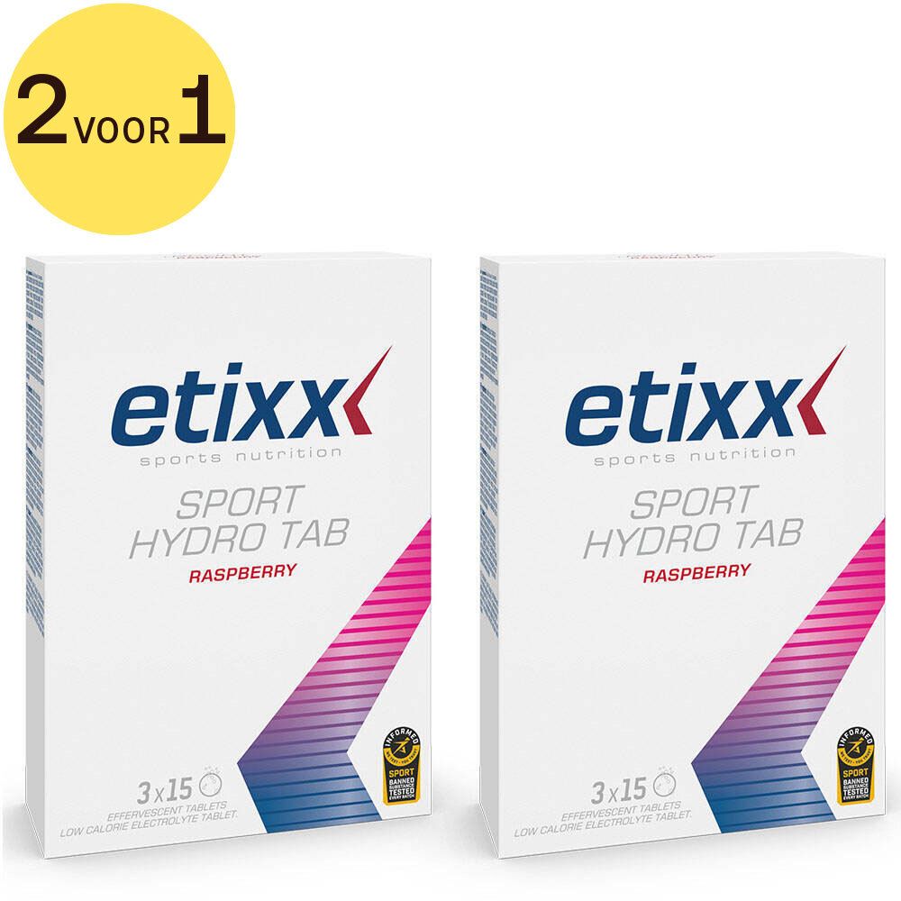 Twee dozen Etixx Sport Hydro Tab Raspberry. Witte dozen met roze design en productinformatie. Opschrift: Sport Hydro Tab Raspberry.