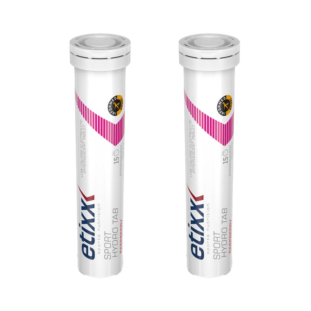 Twee tubes Etixx Sport Hydro Tab. Witte tubes met roze design en productinformatie. Opschrift: Sport Hydro Tab Raspberry.