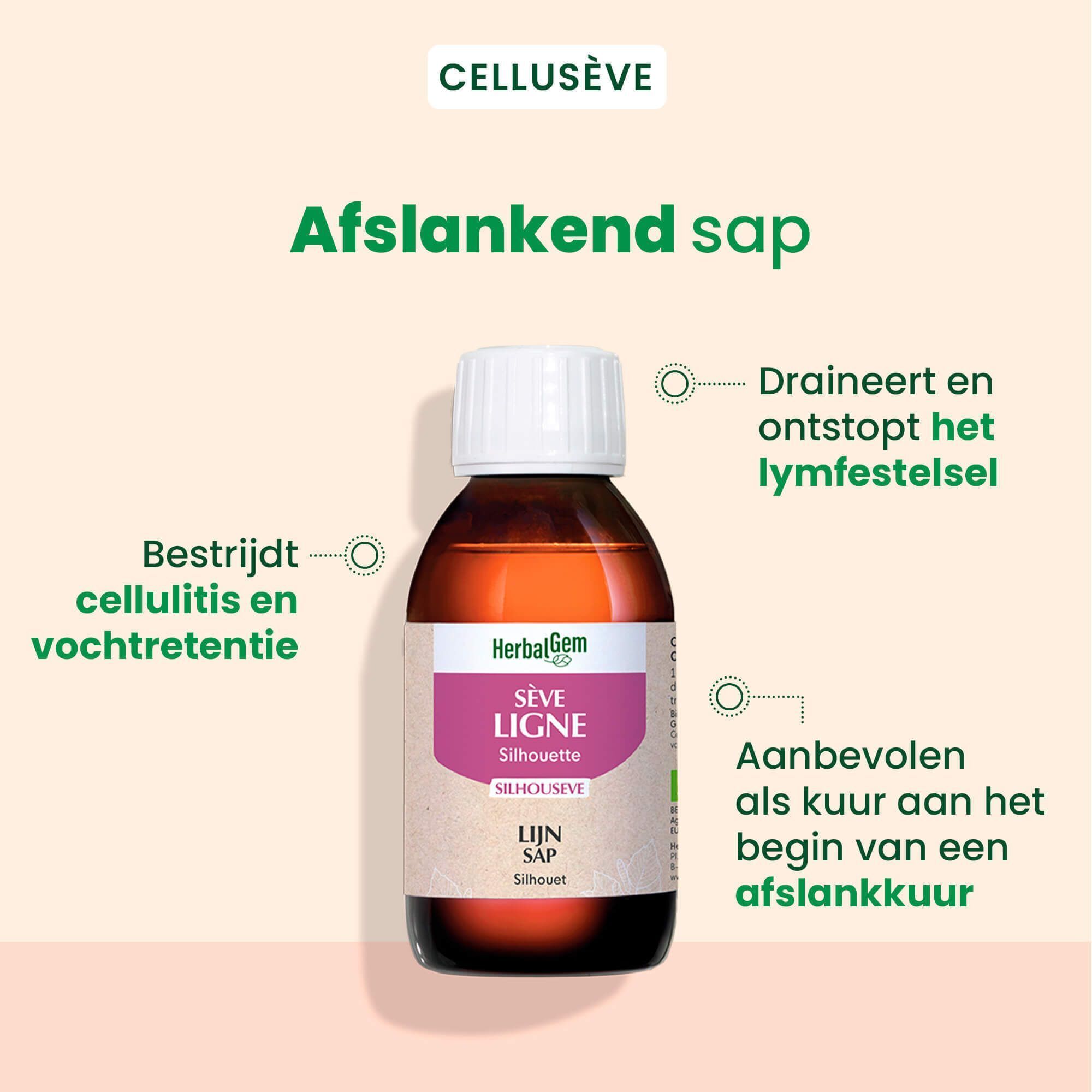 Bruine glazen fles met witte dop, gevuld met amberkleurige vloeistof. "Afslankend sap".