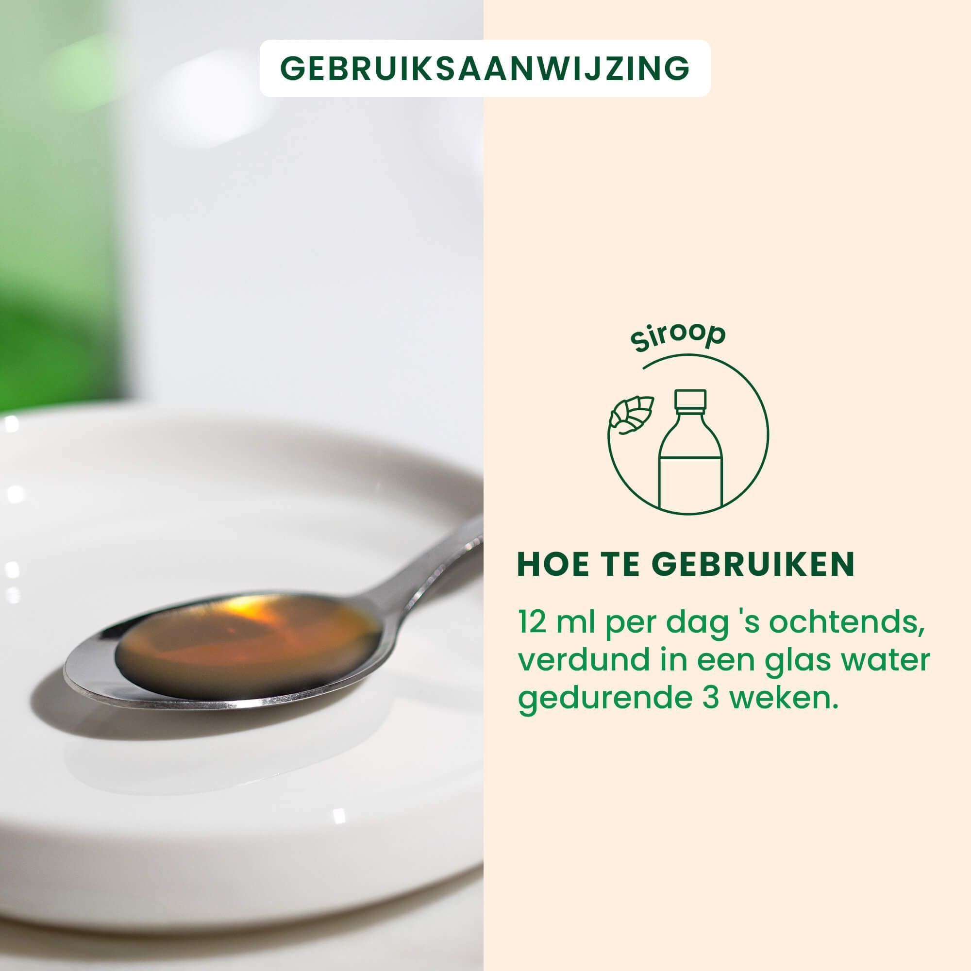 Lepel met amberkleurige vloeistof op een wit bord. "Gebruiksaanwijzing".
