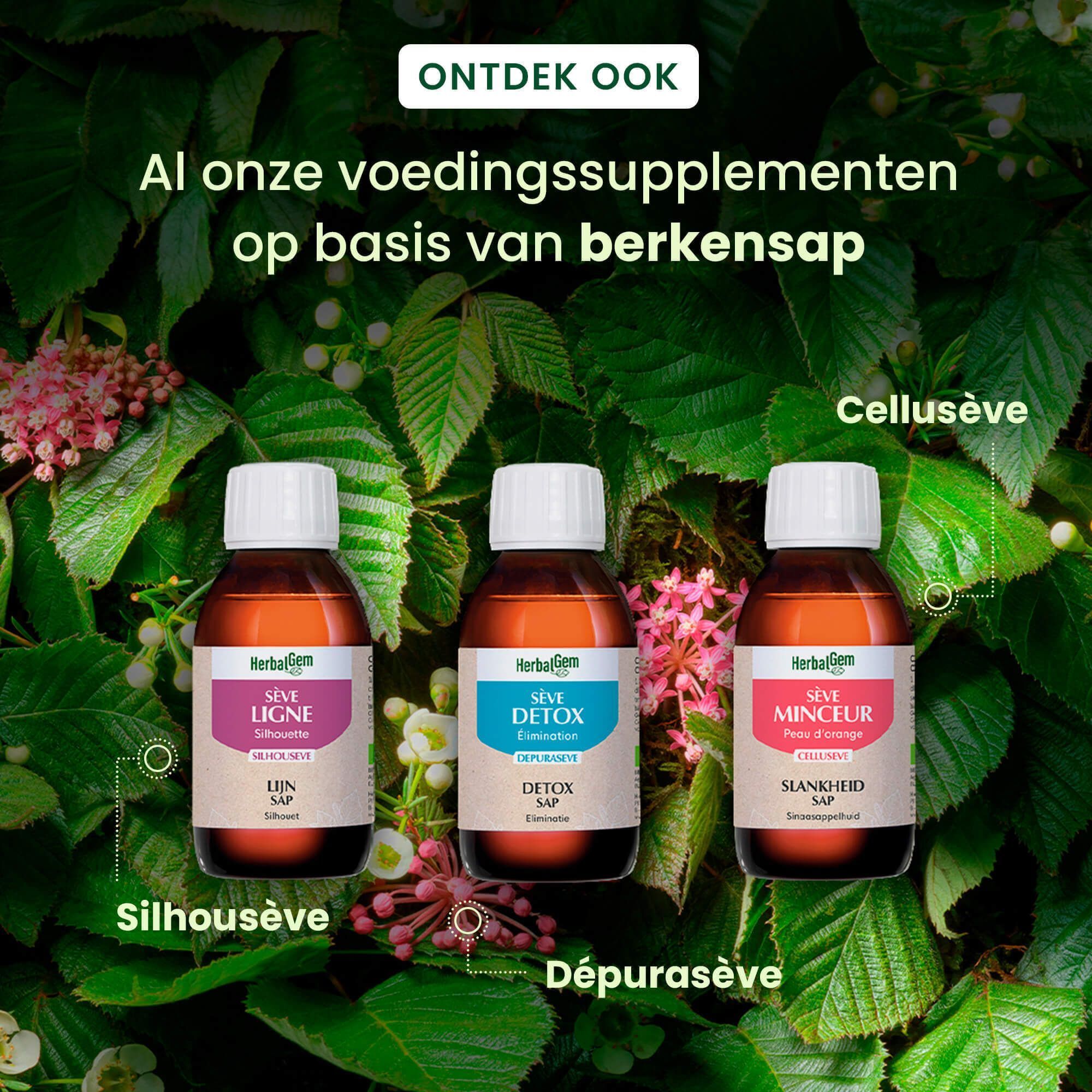 Drie bruine glazen flessen met witte doppen, omringd door bladeren. "Ontdek ook".