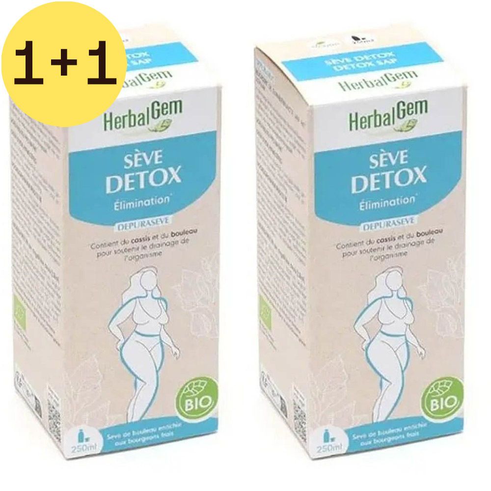 Twee kartonnen verpakkingen met opschrift: HerbalGem, Sève Détox, Elimination. Bio-label. Sticker 1+1 GRATIS.