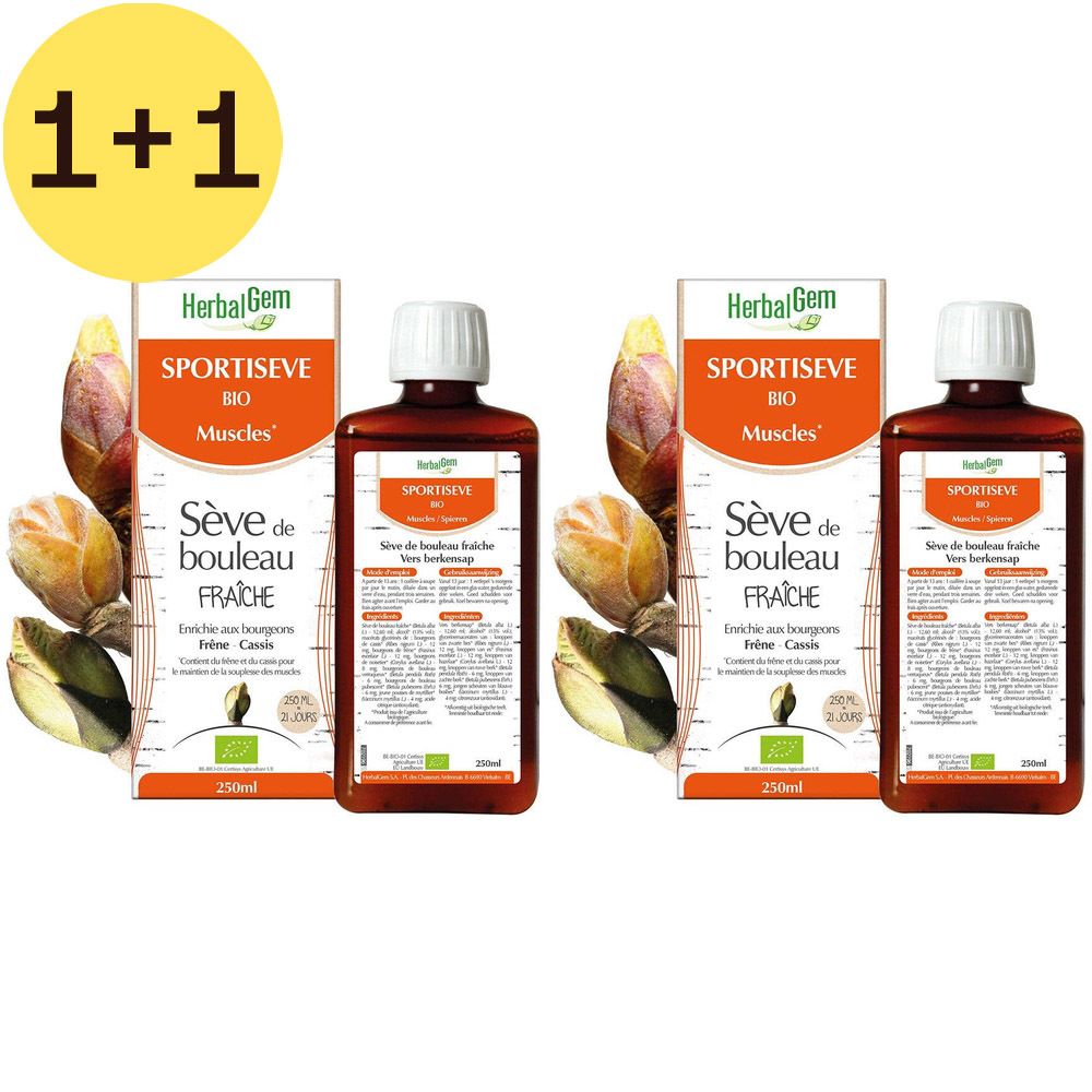 Twee flessen en twee dozen. Opschrift: SPORTISEVE BIO Muscles, Sève de bouleau FRAÎCHE. Met 1+1-aanbieding.