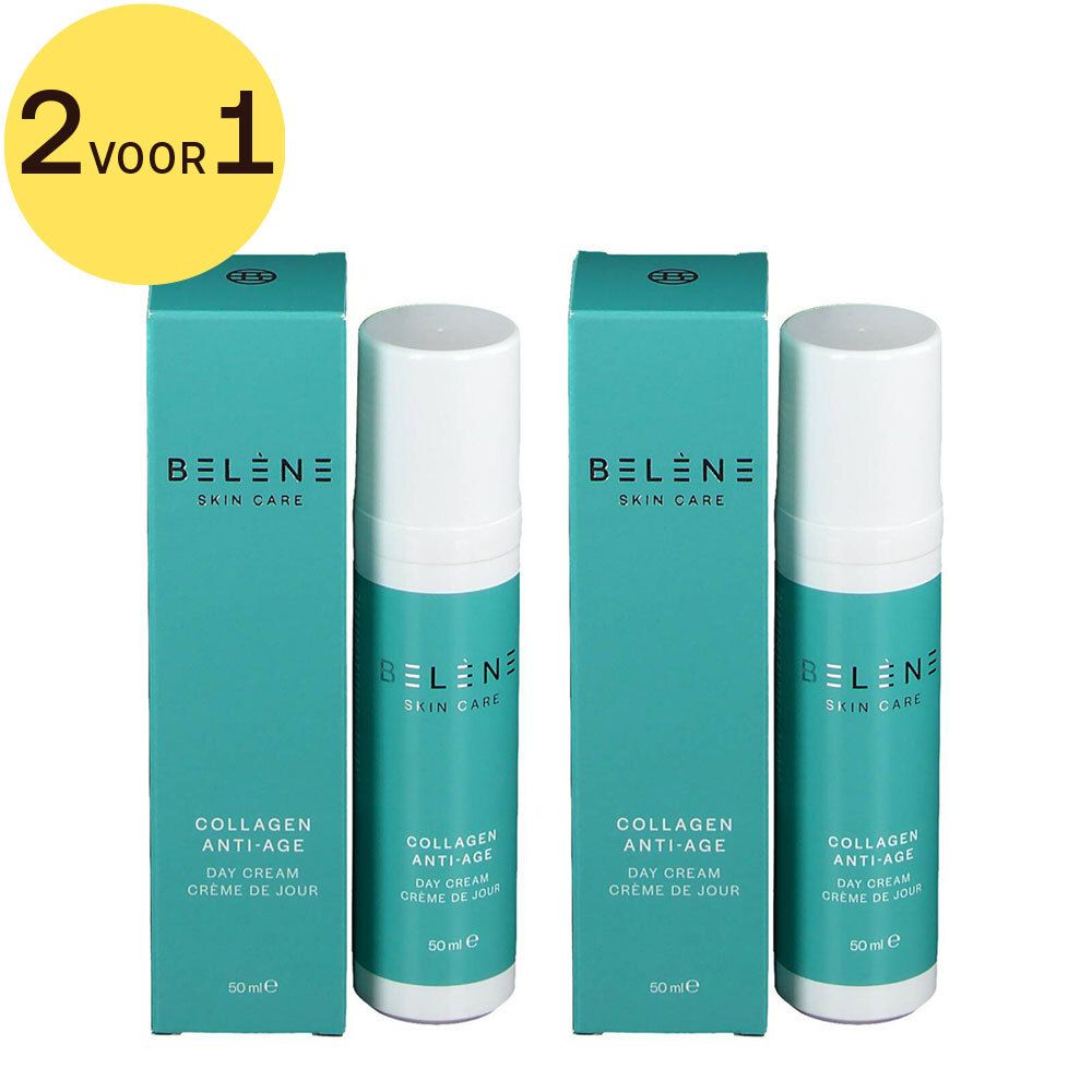 Twee flessen en twee dozen. Opschrift: BELENE SKIN CARE, COLLAGEN ANTI-AGE, Day Cream, Crème de Jour. Gele cirkel: 2 VOOR 1.