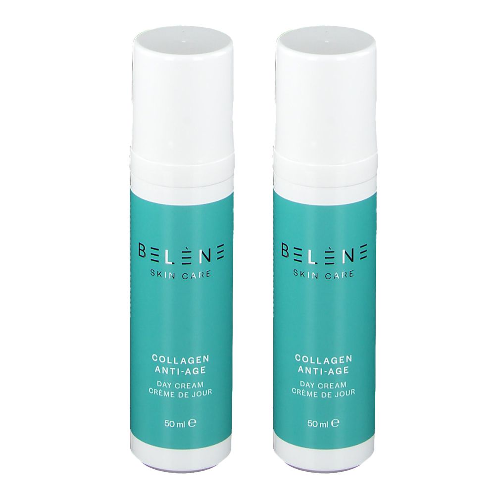 Deux flacons blancs et turquoise. Inscription : BELENE SKIN CARE, COLLAGEN ANTI-AGE, Day Cream, Crème de Jour.