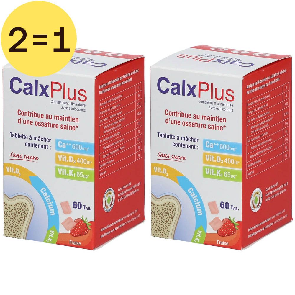 Twee dozen CalxPlus. Opschrift: Calcium, Vit. D, Vit. K. Illustratie van aardbeien. 60 tabletten. Franse opschrift.