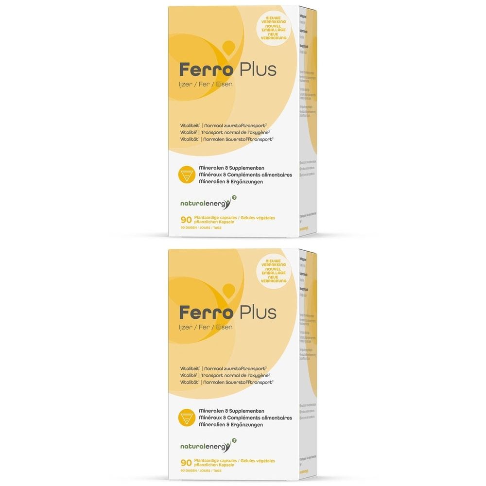 Deux boîtes blanches avec des accents jaunes. Inscription Ferro Plus, Natural Energy. Contient 90 gélules. Texte en allemand, français, néerlandais.