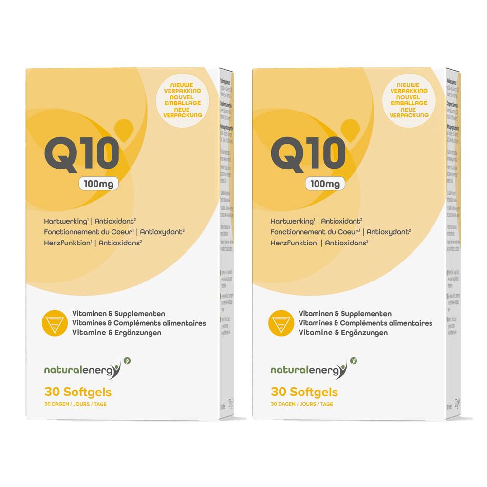 Deux boîtes de Q10 100mg. Inscription 'Natural Energy' et '30 Softgels'. Emballage jaune et blanc.