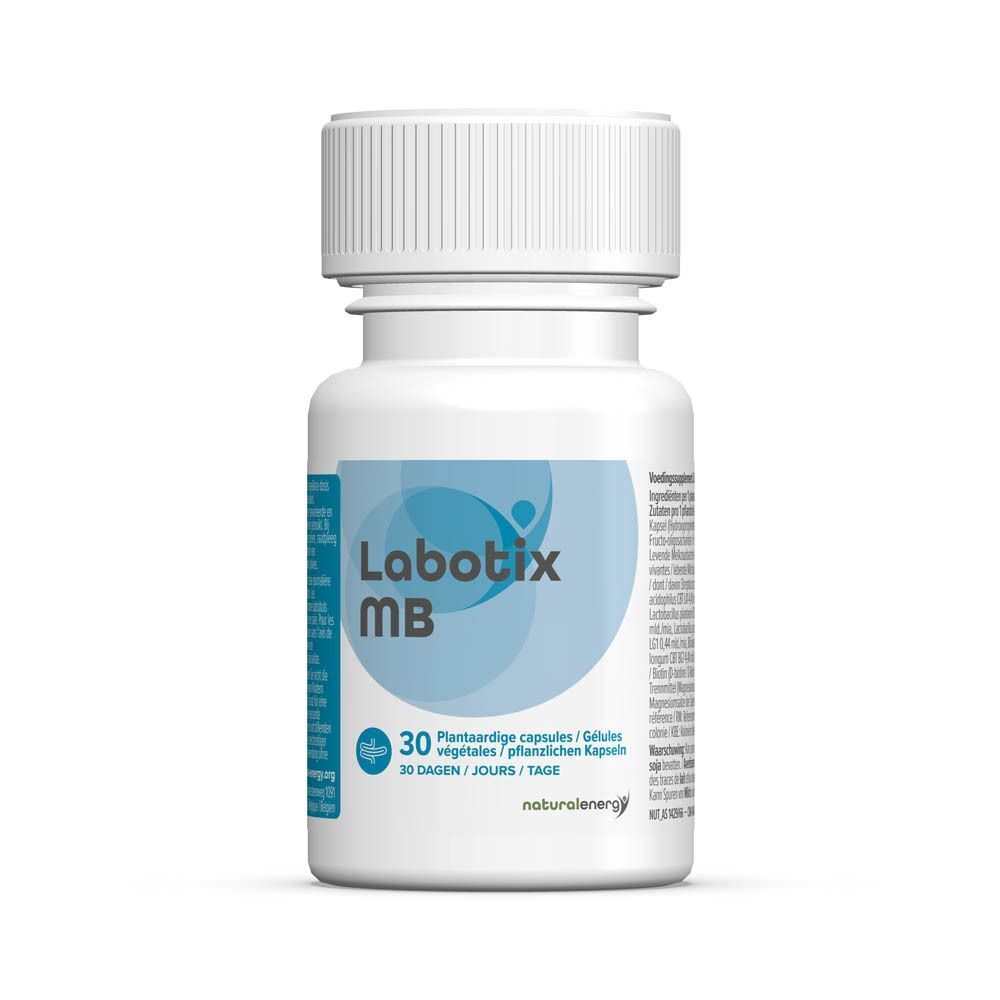 Een flesje Labotix MB met 30 plantaardige capsules.