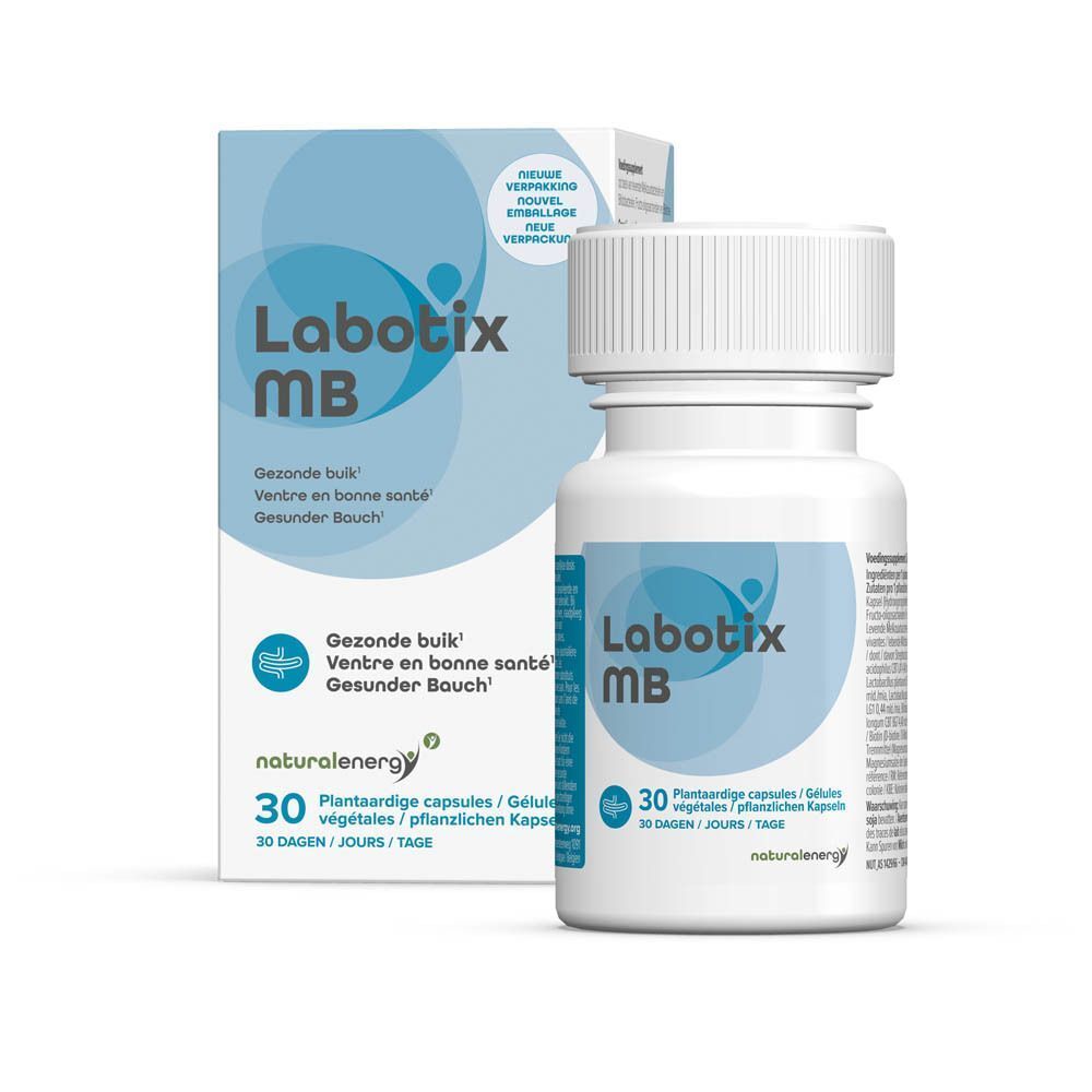 Een verpakking en een flesje Labotix MB, elk met 30 plantaardige capsules.