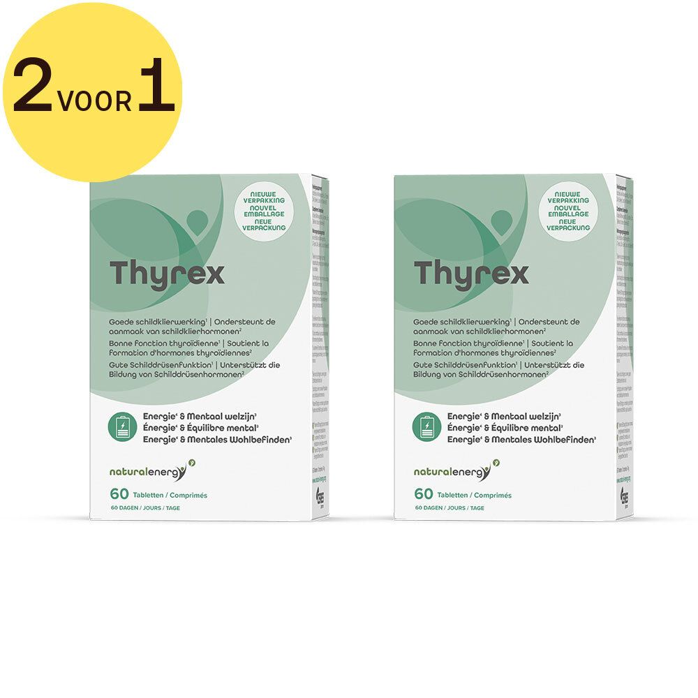 Twee witte Thyrex-dozen met groene accenten. Tekst: Natural Energy, 60 tabletten. Opschrift: 2 pour 1. Goede schildklierwerking.