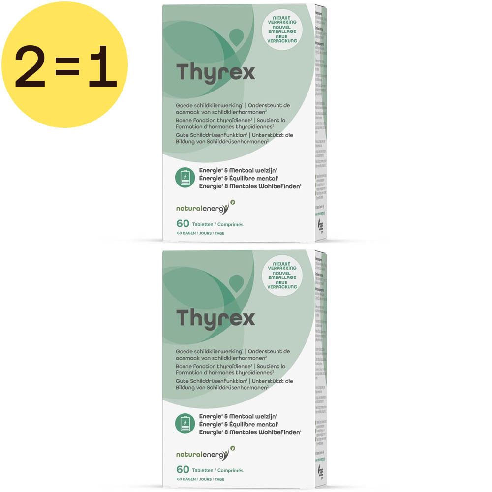Twee witte Thyrex-dozen met groene accenten. Tekst: Natural Energy, 60 tabletten. Opschrift: Goede schildklierwerking.