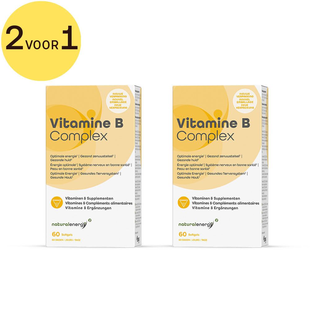 Twee verpakkingen Vitamine B Complex met geel 2 voor 1 label. Gele verpakking met witte tekst. 60 softgels. Merk: naturalenergy.