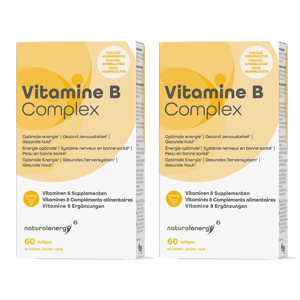 Twee verpakkingen Vitamine B Complex. Gele verpakking met witte tekst. Bevat 60 softgels. Merk: naturalenergy.