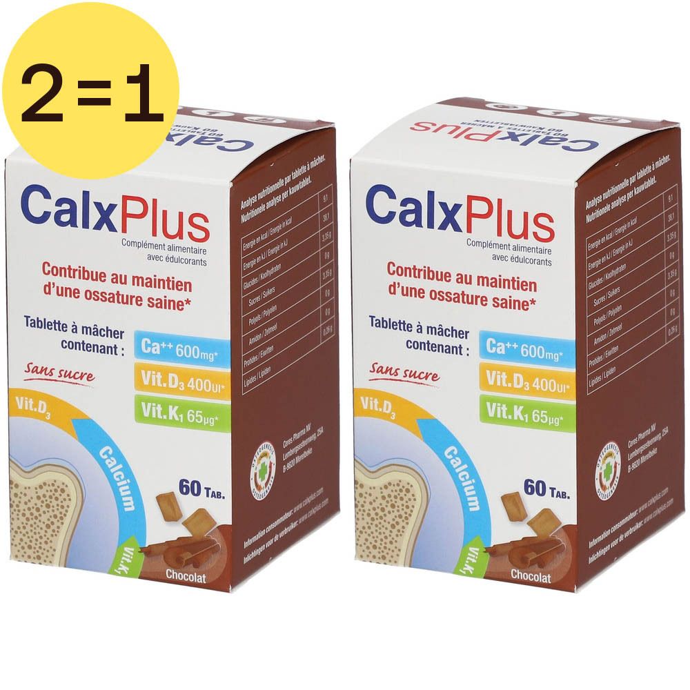Twee dozen CalxPlus. Opschrift: Calcium, Vit. D3, Vit. K, 60 tabletten. Stukjes chocolade ervoor.