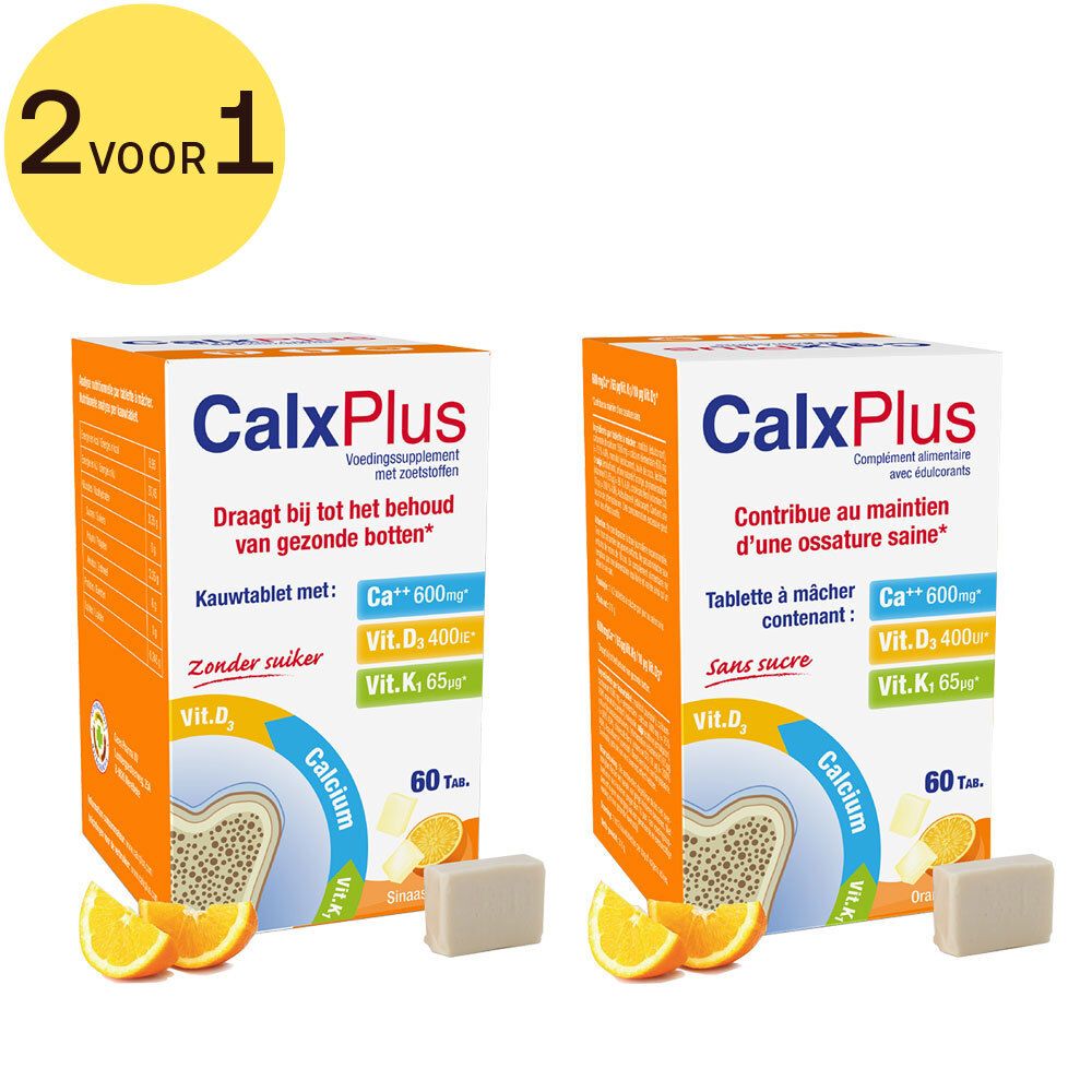 Twee dozen CalxPlus, oranje design. Bevat calcium, vitamine D en K. Met 60 tabletten. Zonder suiker.