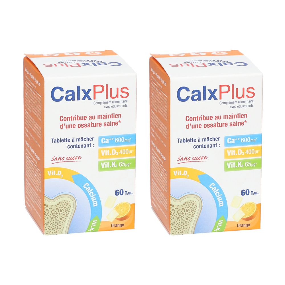 Twee dozen CalxPlus, oranje design. Bevat calcium, vitamine D en K. Met 60 tabletten. Zonder suiker.