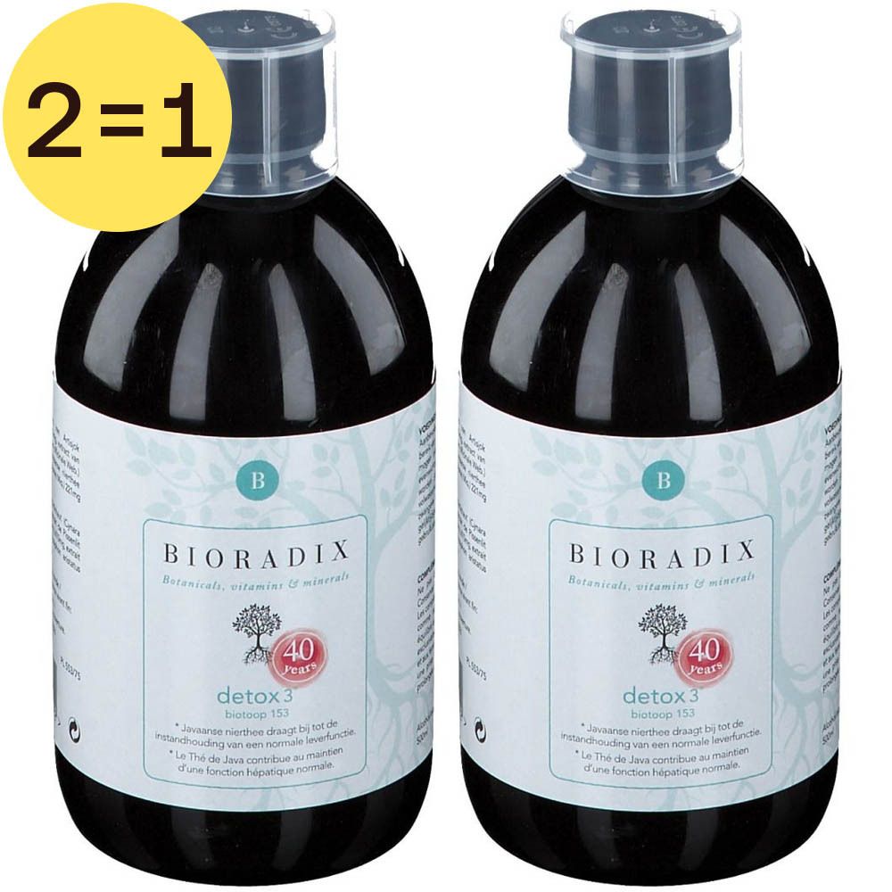 Twee dozen "Bioradix Detox 3". Bruine verpakking met boommotief, wit etiket en tekst. "40 jaar" logo.
