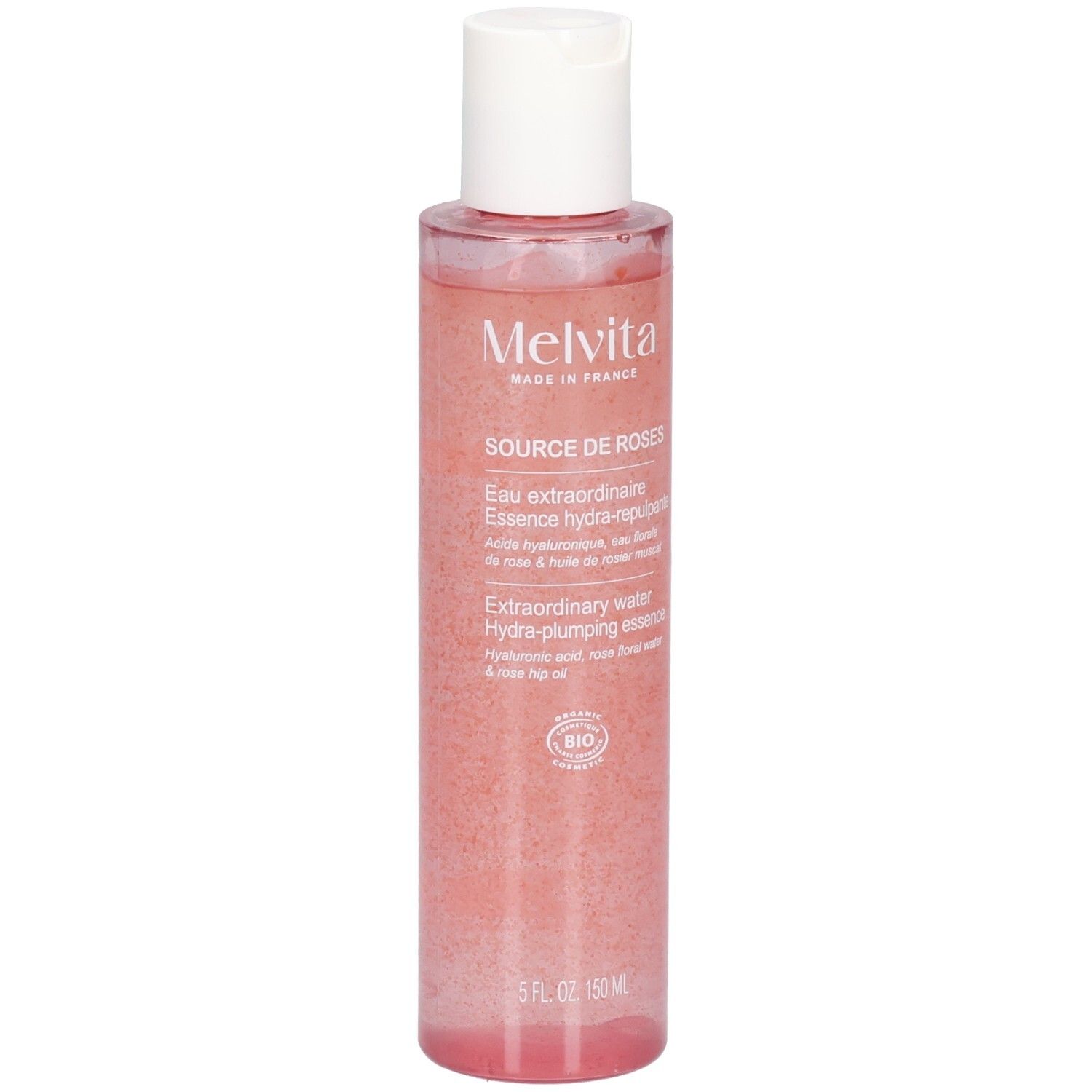 Flacon d'essence de rose. Logo Melvita et nom du produit. Flacon transparent avec liquide rose et bouchon blanc. Certification bio.